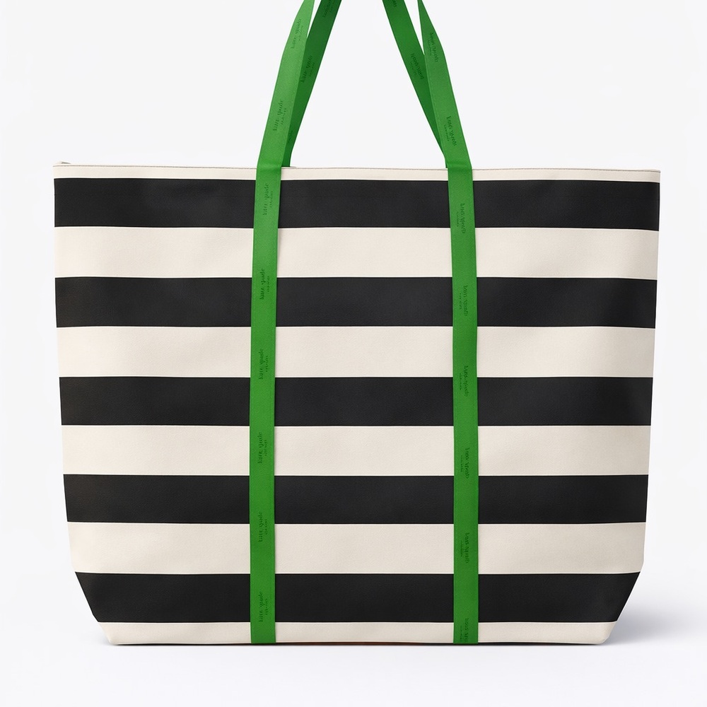 Kate Spade Striped Black and White Reusable Tote Bag with Green Straps — Large